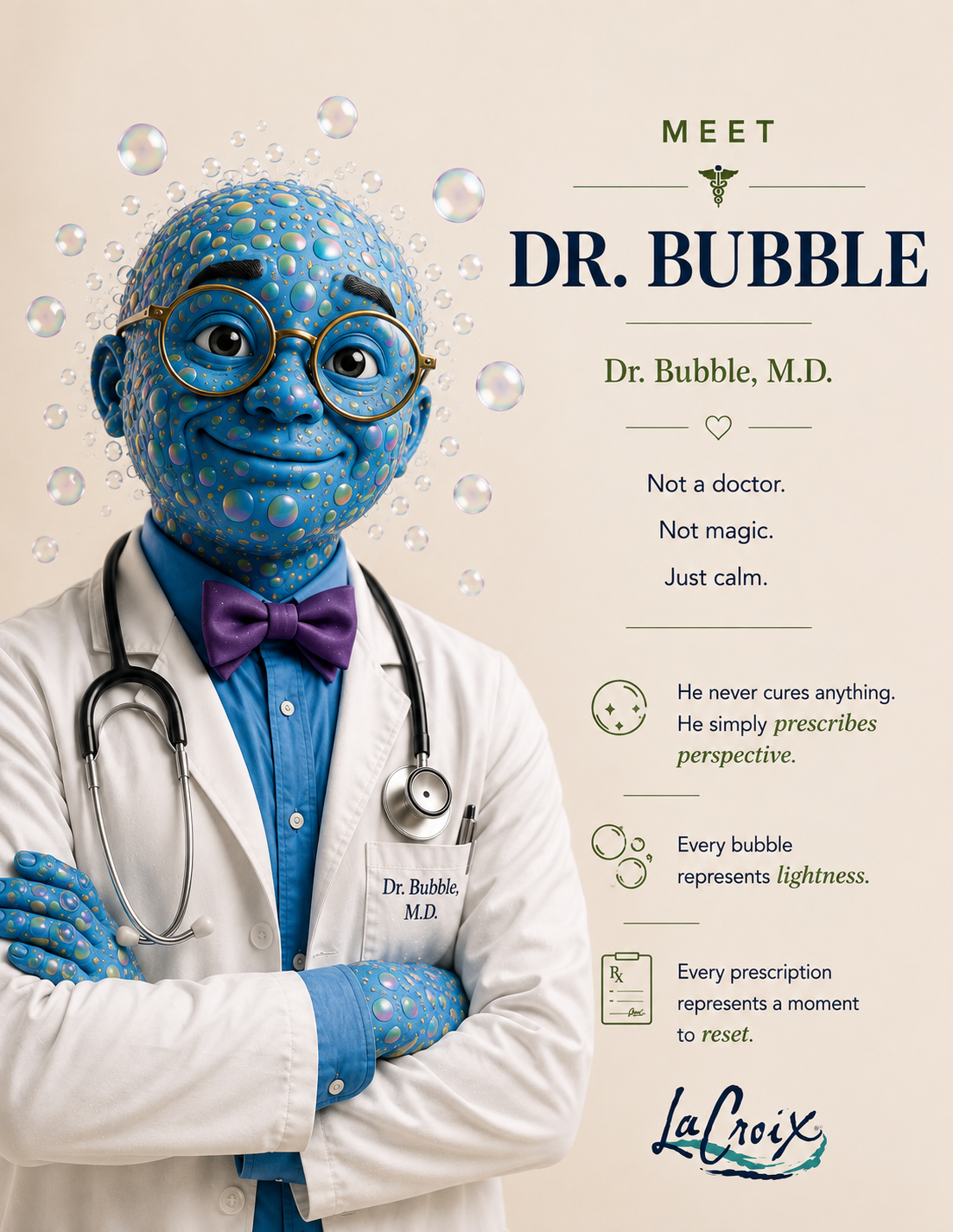 Dr. Bubble character introduction poster from the LaCroix advertising campaign concept